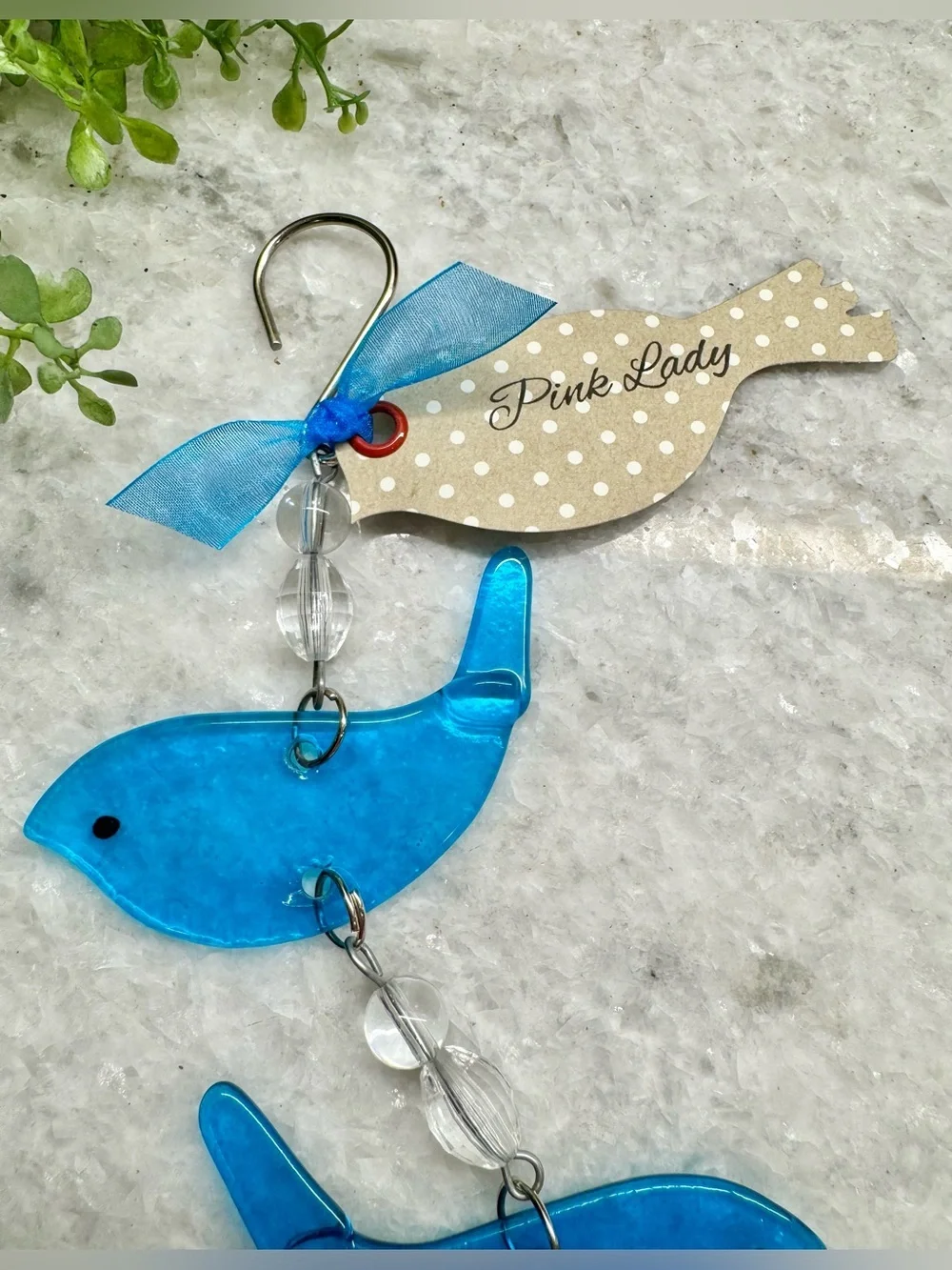 New Blue Glass Birds Suncatcher Wind Chime w/ Beads & Metal Bell - 17”